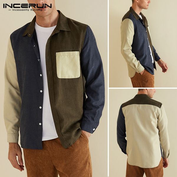 

incerun corduroy stylish outwear patchwork pockets long sleeve casual shirts lapel single breasted comfort mens blouse camiseta, White;black