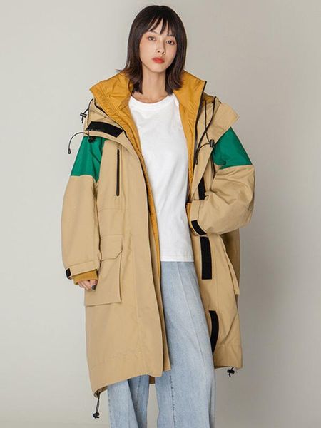 

2019 long winter coat women hit color stitching parka mujer loose fake two waterproof charge womens jacket, Black