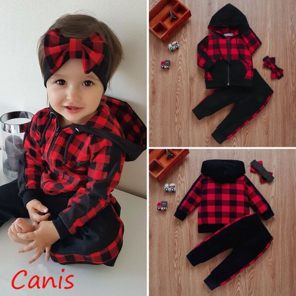 

2020 winter toddler baby girl winter clothes plaid zipper coat +long pants outfits 3pcs clothing sets, White