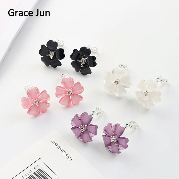 

grace jun korea style flower shape opal clip on earrings without piercing for girls party wedding charm earrings anti-allergy, Silver