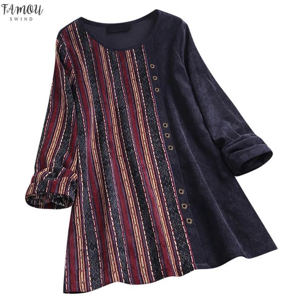 

плюс размер мода boho женщины блузка топы старинные с длинным рукавом вельвет полосатый принт пэчворк дамы свободный пуловер топ lr3, White