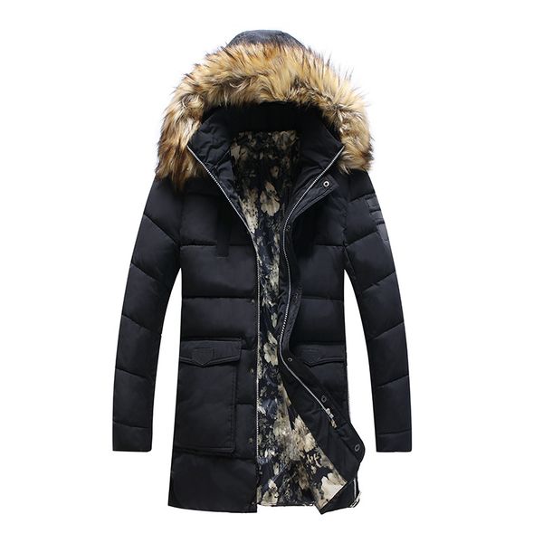 

2019 winter mid-length hooded cotton-padded clothes men's fur collar thick down feather cotton-padded cloth-plus-sized menswear, Black