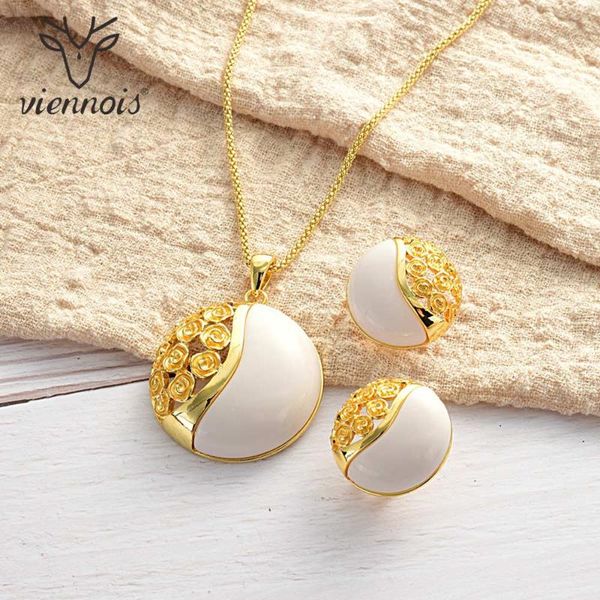

viennois jewelry set for women gold color round opal design necklace stud earrings party jewelry, Silver