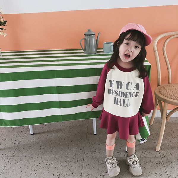 

preppy style cute girls raglan sleeve ruched dresses autumn kids cotton letters long sleeve casual dress, Red;yellow