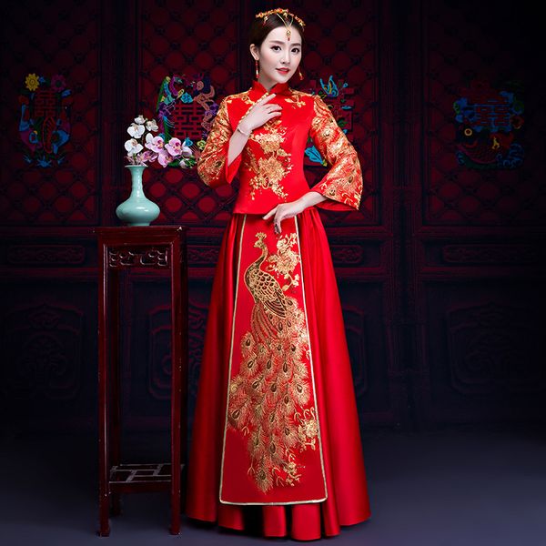

red bride fall clothes vintage chinese style wedding dress retro toast clothing embroidery peacock gown marriage cheongsam qipao
