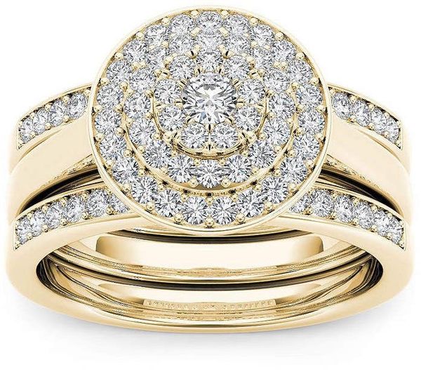 

new gold round zircon women ring set 3pcs full diamante rhinestone inlaid lovers couple wedding band ali express, Slivery;golden