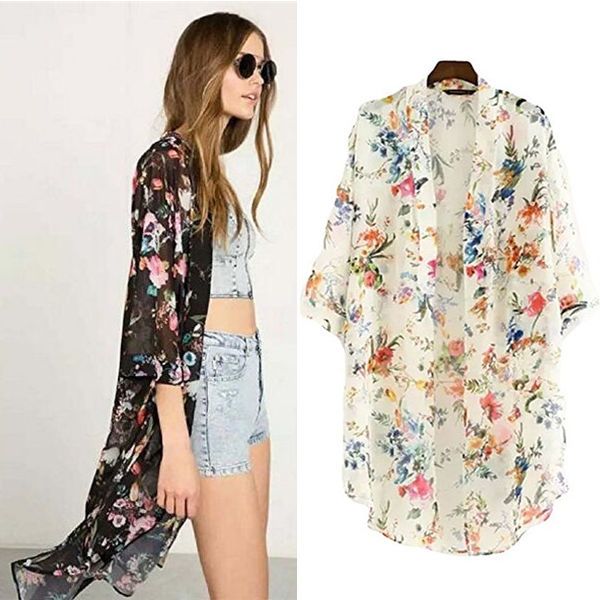 

2019 summer floral kimono cardigan jacket floral print chiffon coat summer bohemia women's fashion, Black;brown