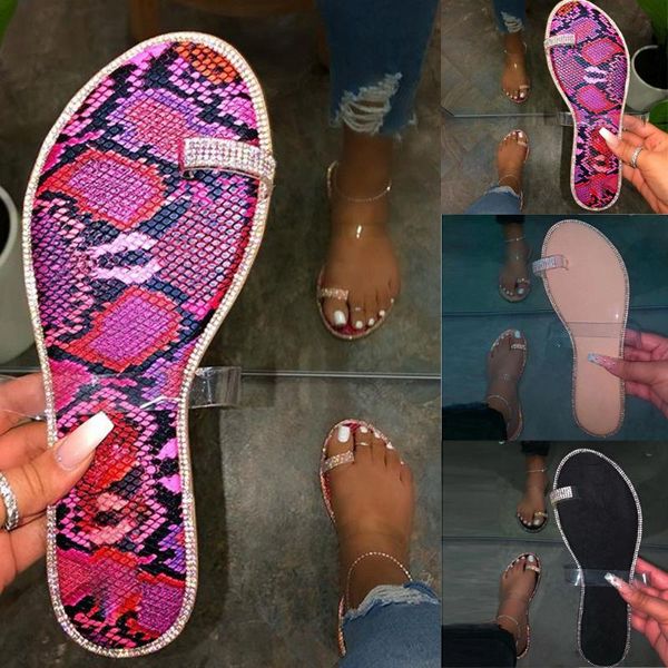 

2020 bling summer shoes woman rhinestone sandals leopard print slip-on beach shoes transparent flat slippers outdoor sandals, Black