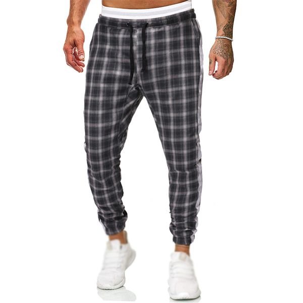 

men pencil long low waist trouser skinny plaid drawstring gym sports sweatpants, Black