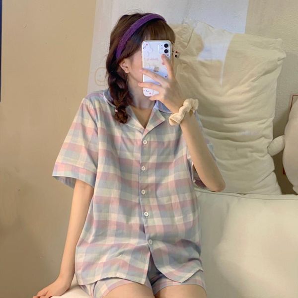 

women summer pajamas suit korean style plaid shirt pajamas thin casual home clothes set can be worn outside, Black;red