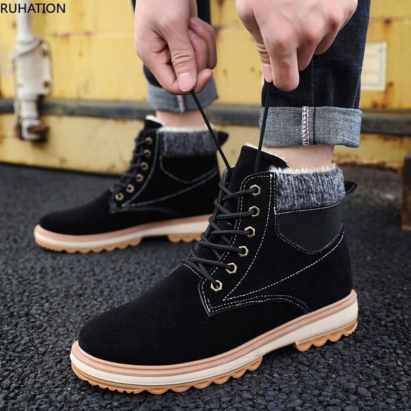 

men's winter frosted leather high retro trend plush warm work desert boots, Black