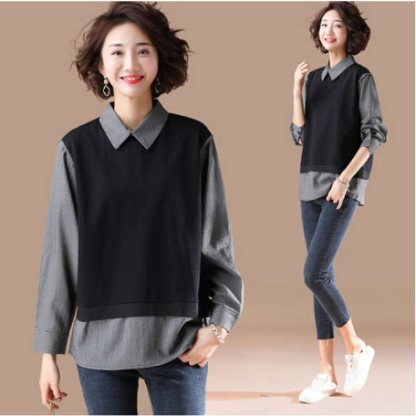 

faux two piece women patchwork plaid blouse shirt collar office lady loose retro elegant shirt women feminina fw1034, White