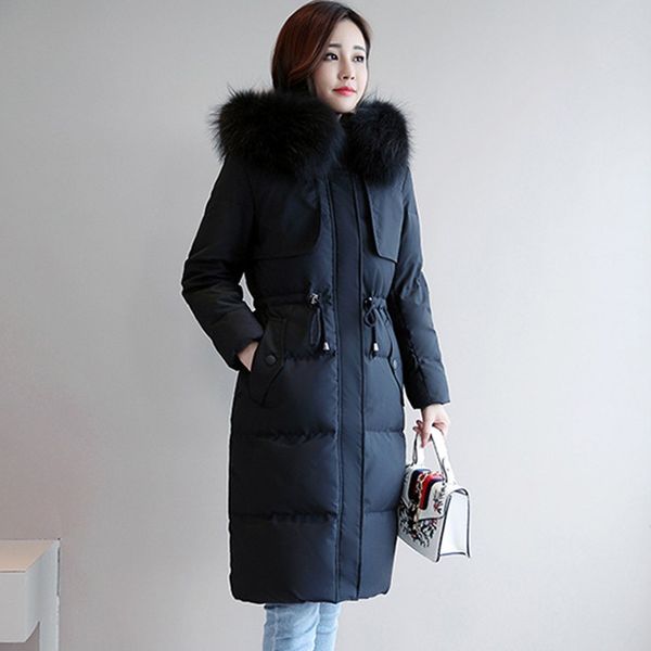 

2018 new winter slim down jacket long section drawstring large fur collar thick warm plus size feather women coat female ls246, Black