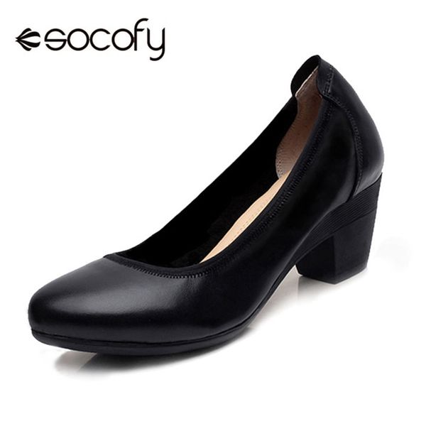 

socofy genuine leather chunky heel pumps women shoes woman slip-on work shoes business high heels 4.5cm block heeled ladies new, Black