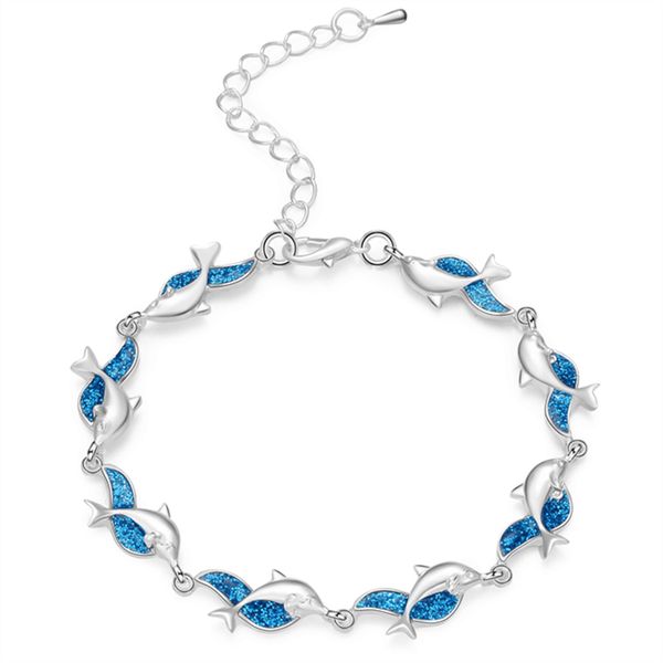 

charm summer dolphin turtle bracelet blue opal silver color hand chain beach jewelry bracelet femme bijoux, Black