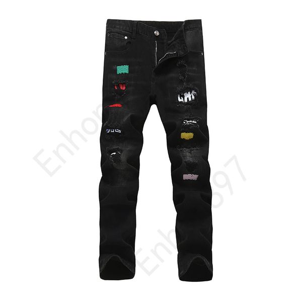 

brand french style fashion men's jeans blue color skinny fit spliced ripped jeans high street destroyed biker men