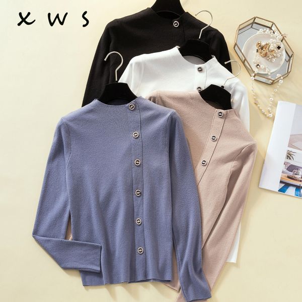 

2019 autumn winter women thick sweater pullovers long sleeve button turtleneck chic sweater female solid knit soft warm, White;black