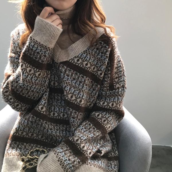 

winter lazy loose sweater women v neck harajuku pattern pullover knitwear morigirl style knit sweaters smart casual, White;black