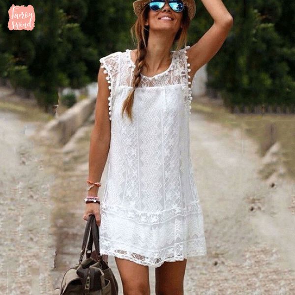 

dress summer women casual sleeveless beach short mini tassel solid white lace dress plus size drop shipping designer clothes, Black;gray