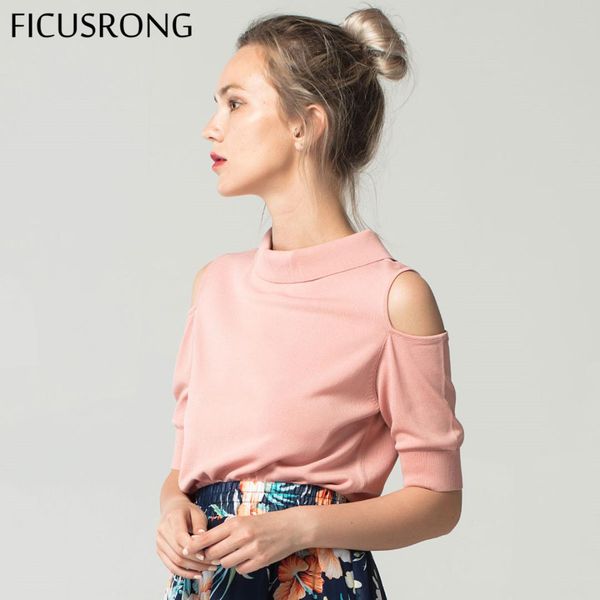 

2019 new causal ice silk off shoulder women's pullovers solid turn-down collar sweater half sleeve two side wear ficusrong, White;black