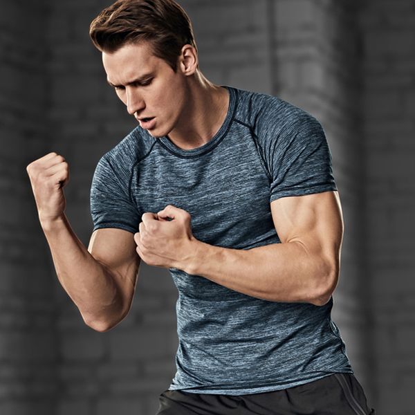 

men fitness t-shirts slim fit quick dry breathable elastic for workout hv99, Black;blue