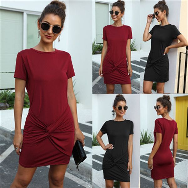 

2020 summer new solid color elegant cross-border european and american women's wear new knot slim dress women's wear, Black;gray