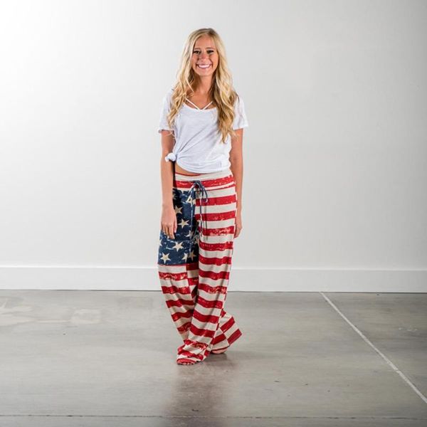 

#h30 wide leg pants women casual new fashion american flag prints drawstring pants leggings fitness sports leggings women, Black