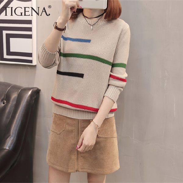 

tigena 2019 autumn winter pullover sweater women jumper korean beautiful color striped long sleeve knitted sweater female khaki, White;black