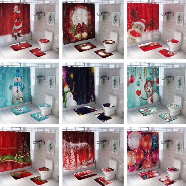 

santa claus/christmas snowman/christmas tree pattern printing shower curtain + floor mat +toilet seat cover+ foot pad set