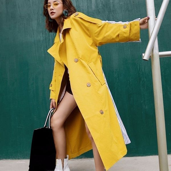 

ewq] 2019 new fashion stripe patchwork sashes windbreaker long section turn-down collar personality clothes coat bd226, Tan;black
