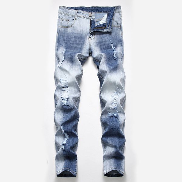 

designer mens blue jeans fashion slim hole zipper straight jeans casual mens washed pencil pants