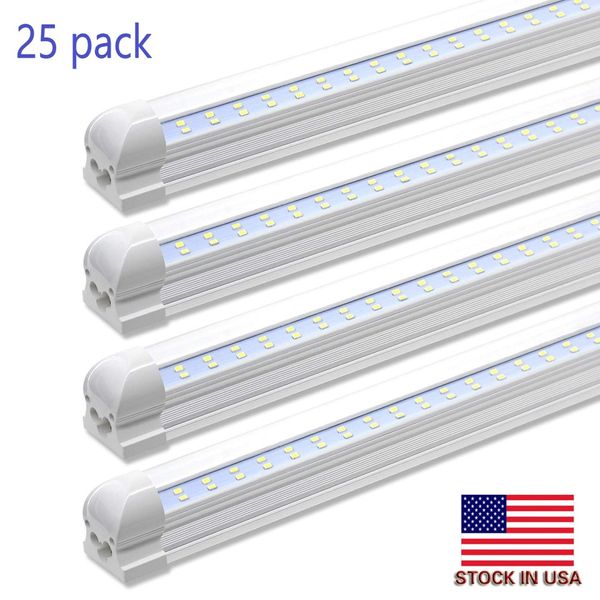 Сток в США + 8FT LED T8 4FT TUBE Lights Двойные строки SMD2835 Светодиодные трубки 72 Вт Встроенные 2,4 м Светодиодные магазины Lights 25-Pack