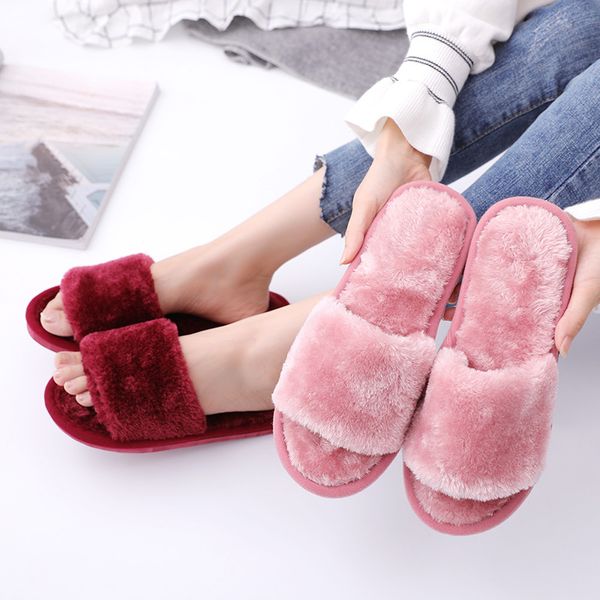 

mntrerm new 2019 women faux fur slippers winter shoes big size home slippers plush pantufa women indoor warm fluffy cotton shoes, Black