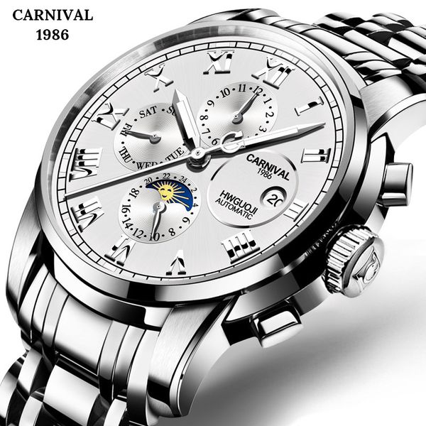 

men blue watches automatic mechanical watch male luminous wristwatch stainless steel band sports design watches, Slivery;brown