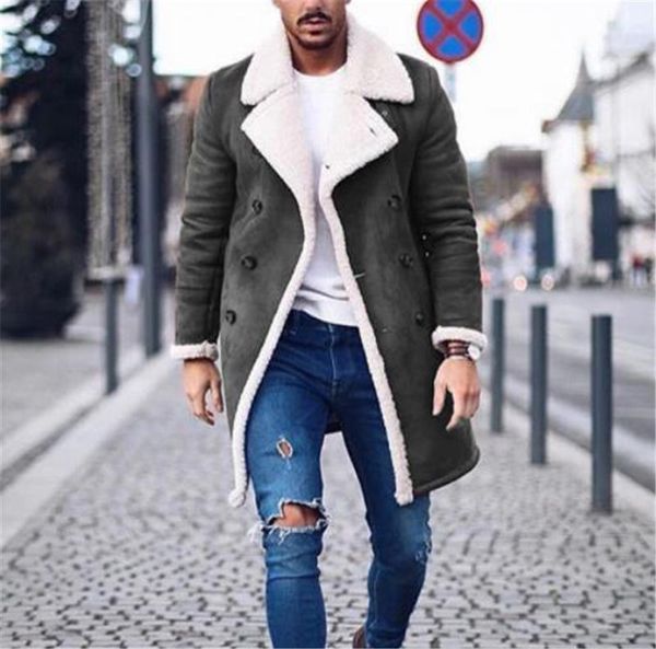

mens designer jacket double breasted solid winter thick mens coat lapel neck casual males clothing, Black;brown