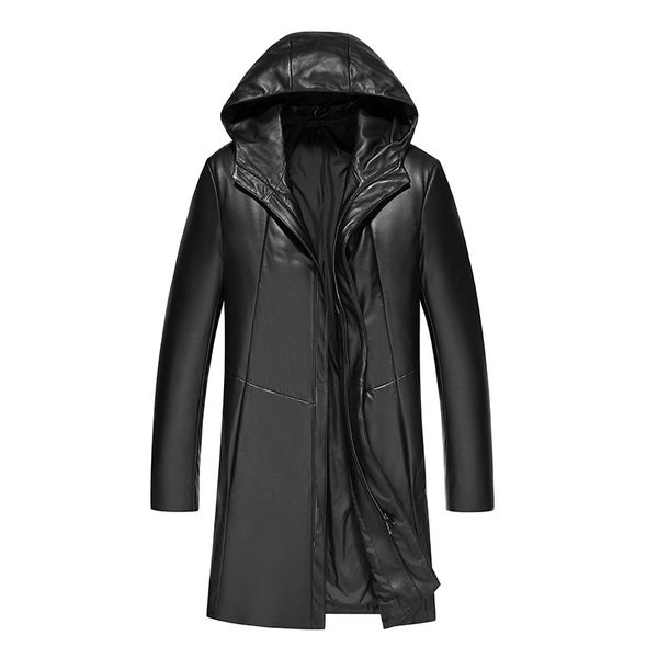 

sheepskin coats mens genuine leather jackets winter parkas duck down padded warm thick outwear overcoat windbreaker waterproof luxury, Black