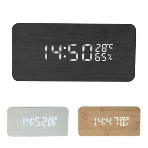 

wood bamboo led temperature alarm clock reloj voice control digital calendar