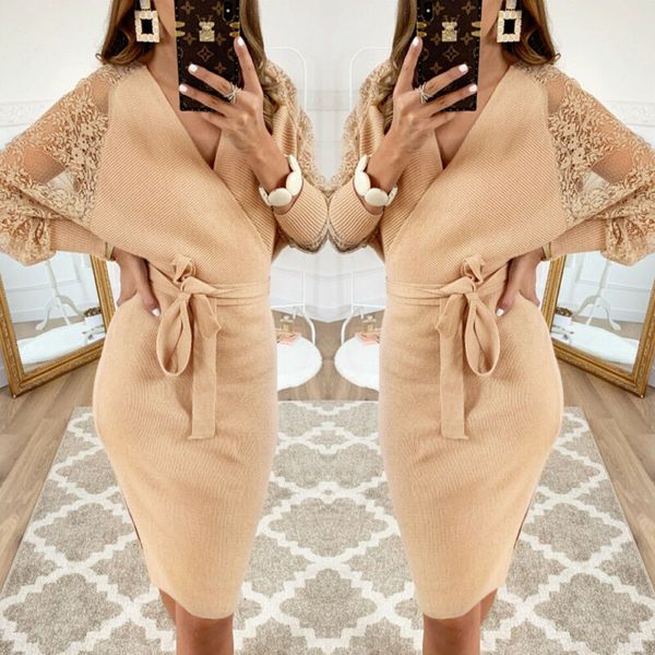 

women dress 2019 knitted mini dress autumn winter ladies khaki sweater long sleeve vintage club, Black;gray