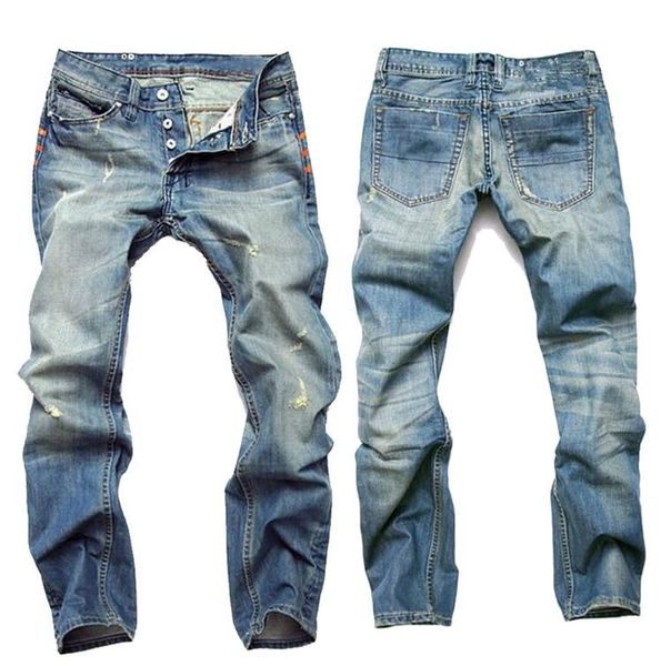 

fashion men jeans mens slim casual pants elastic trousers light blue fit loose cotton denim brand jeans for male