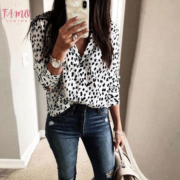 

womens v neck blouse 2020 female leopard printed long sleeve loose shirt fashion ladies spring autumn blouse, White