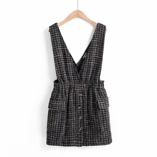

qz311 european women's double v neck elastic waist plaid tweed dress chic vestidos, Black;gray