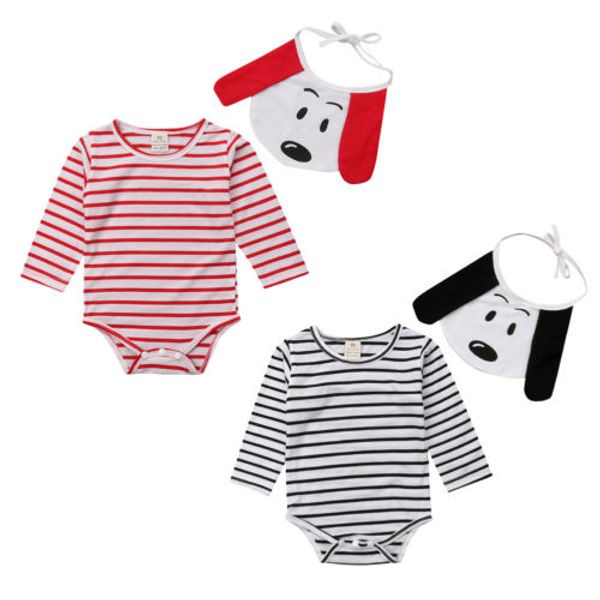 

casual newborn infant baby girls boys clothes long sleeve o-neck striped bodysuit jumpsuit+baby bibs cotton outfits clothing set, Blue