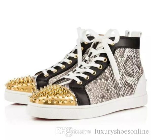 

new designer spikes high sneakers flat,studs red bottom casual shoes men's red sole trainer, Black