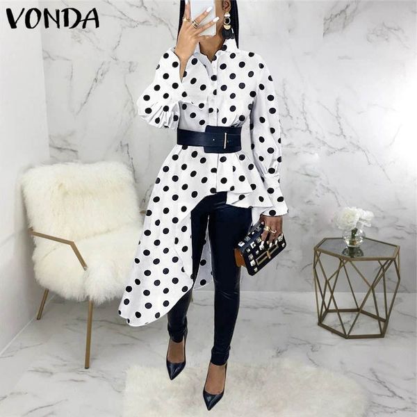 

asymmetric tunic women blouse flare sleeve turn-down collar polka dot party shirts vonda 2020 casual plus size office, White