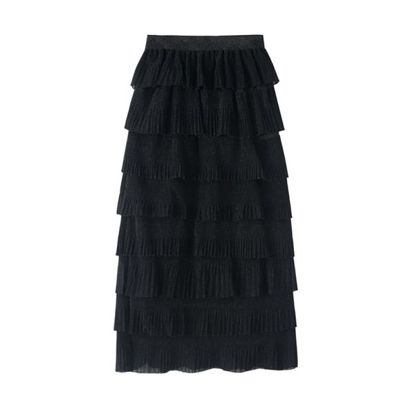 

women winter skirt fashion high waist skirt classic multi-layer bright silk cake solid color long, Black