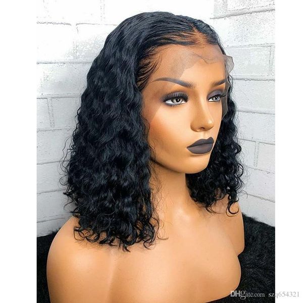 

кружевные передние парики бразильские волосы короткая объемная волна волнистые с волосами младенца свободная часть для женщин (парик фронта, Black