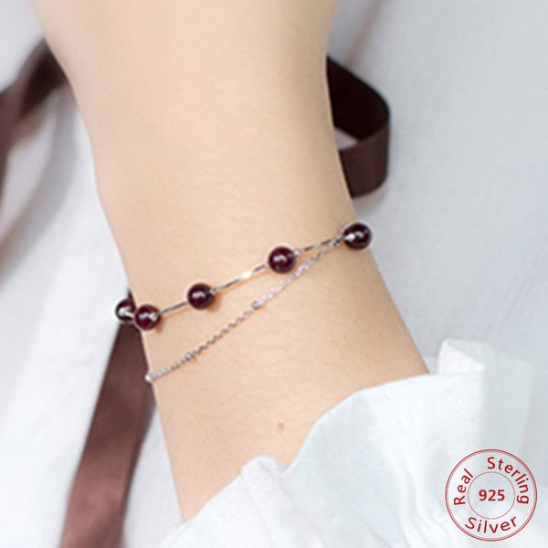 

5mm 100% real. 925 sterling silver fine jewelry double -layers /two-rows red garnet round stone chain bracelet for woman, Golden;silver