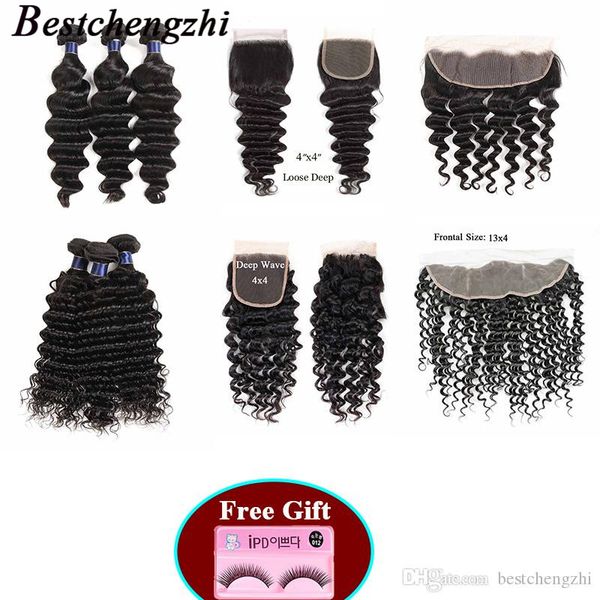 

бразильские человеческие волосы с закрытием 3 связки с кружевом фронтальной straight тела deep water wave malaysia human пучки волос с 4x4 з, Black;brown