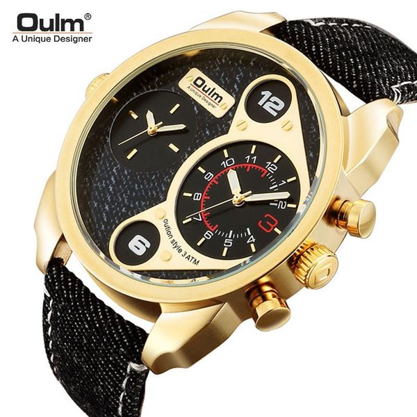

luxury oulm brand casual denim men's watch dual time zone large dial men's quartz watch waterproof quartz watch ing, Slivery;brown