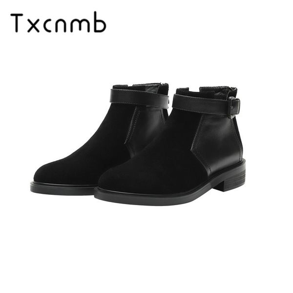 

txcnmb boots women genuine leather ankle boots natural low heels fashion spring ladies shoes woman, Black
